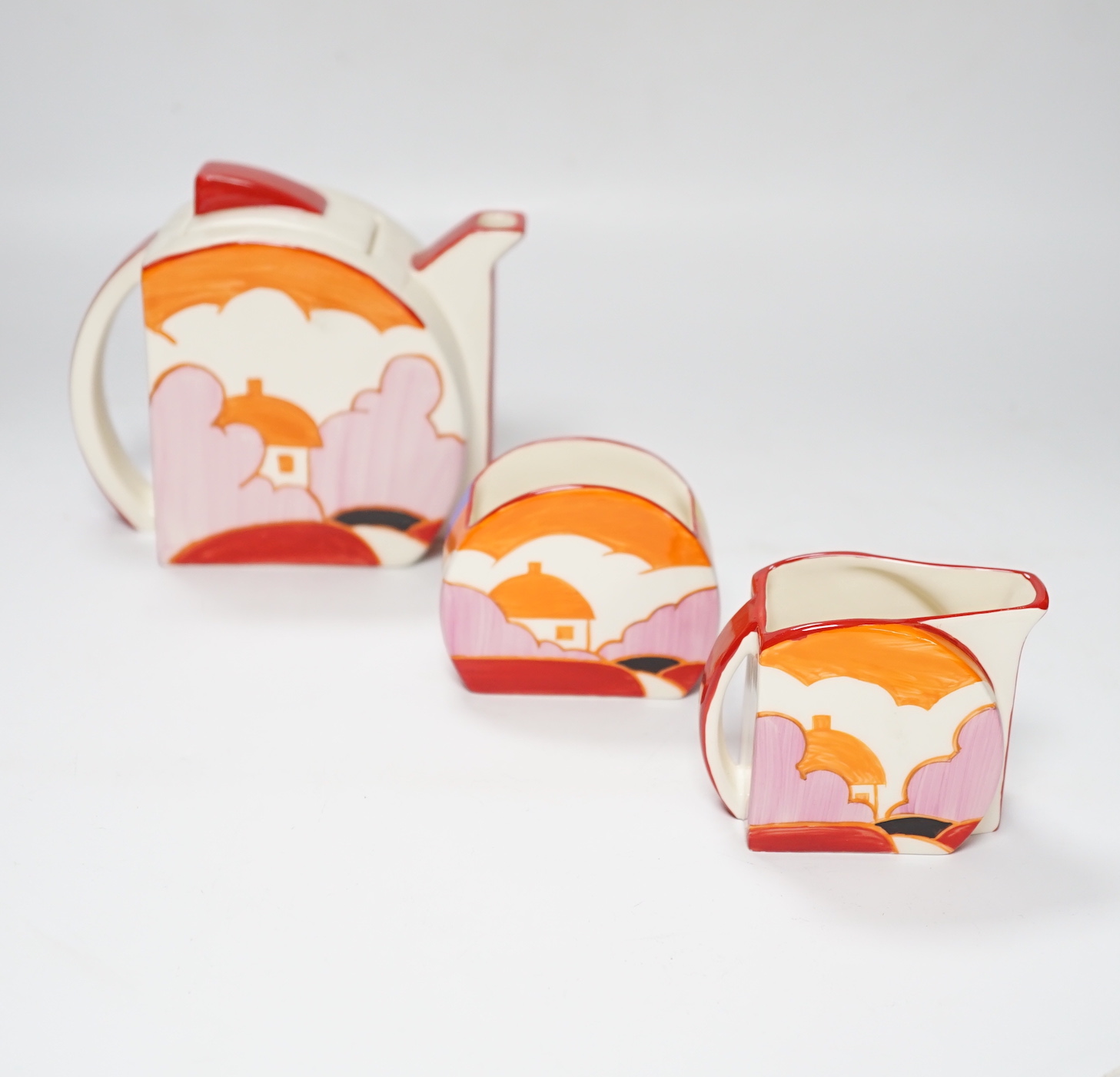 A Wedgwood Bizarre by Clarice Cliff Blue Autumn Stamford tea set, limited edition with box and certificate, largest 12cm high